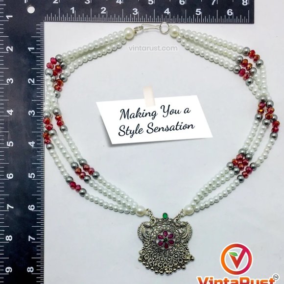 Multicolor Beaded Chain Necklace With Silver Kuchi Motif Pendant - Picture 6 of 7